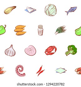 Seafood, Table setting and Vegetables set. Background for printing, design, web. Usable as icons. Seamless. Colored.