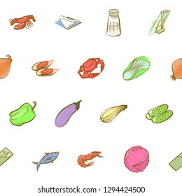 Seafood, Table setting and Vegetables set. Background for printing, design, web. Usable as icons. Seamless. Colored.