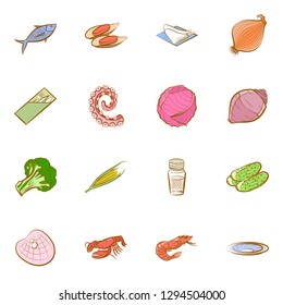 Seafood, Table setting and Vegetables set. Background for printing, design, web. Usable as icons. Colored.