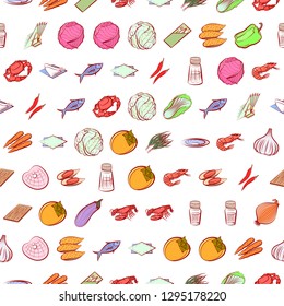 Seafood, Table setting and Vegetables set. Background for printing, design, web. Usable as icons. Seamless. Colored.