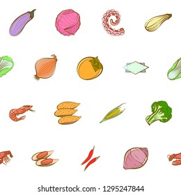 Seafood, Table setting and Vegetables set. Background for printing, design, web. Usable as icons. Seamless. Colored.