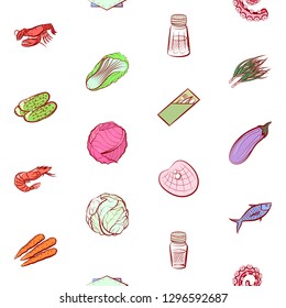 Seafood, Table setting and Vegetables set. Background for printing, design, web. Usable as icons. Seamless. Colored.