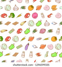 Seafood, Table setting and Vegetables set. Background for printing, design, web. Usable as icons. Seamless. Colored.
