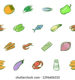Seafood, Table setting and Vegetables set. Background for printing, design, web. Usable as icons. Seamless. Colored.
