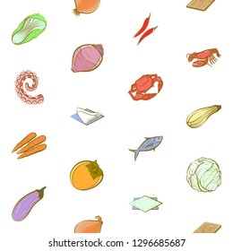 Seafood, Table setting and Vegetables set. Background for printing, design, web. Usable as icons. Seamless. Colored.