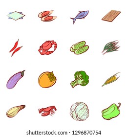 Seafood, Table setting and Vegetables set. Background for printing, design, web. Usable as icons. Colored.