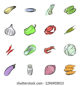 Seafood, Table setting and Vegetables set. Background for printing, design, web. Usable as icons. Colored.
