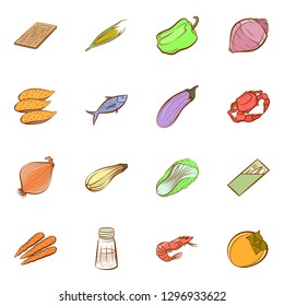 Seafood, Table setting and Vegetables set. Background for printing, design, web. Usable as icons. Colored.