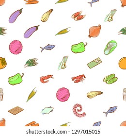 Seafood, Table setting and Vegetables set. Background for printing, design, web. Usable as icons. Seamless. Colored.