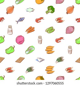 Seafood, Table setting and Vegetables set. Background for printing, design, web. Usable as icons. Seamless. Colored.