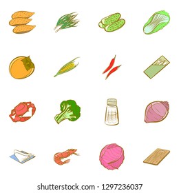 Seafood, Table setting and Vegetables set. Background for printing, design, web. Usable as icons. Colored.