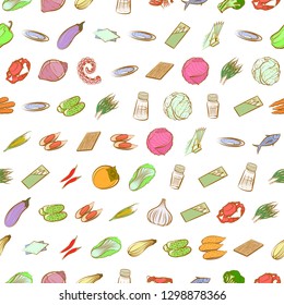 Seafood, Table setting and Vegetables set. Background for printing, design, web. Usable as icons. Seamless. Colored.