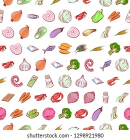 Seafood, Table setting and Vegetables set. Background for printing, design, web. Usable as icons. Seamless. Colored.