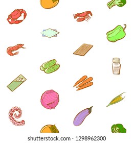 Seafood, Table setting and Vegetables set. Background for printing, design, web. Usable as icons. Seamless. Colored.