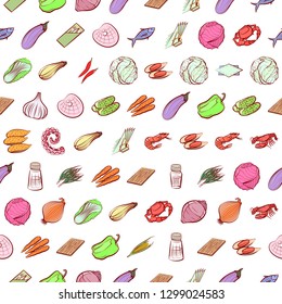 Seafood, Table setting and Vegetables set. Background for printing, design, web. Usable as icons. Seamless. Colored.