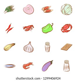 Seafood, Table setting and Vegetables set. Background for printing, design, web. Usable as icons. Colored.