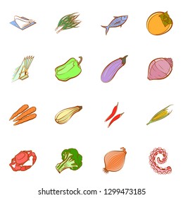 Seafood, Table setting and Vegetables set. Background for printing, design, web. Usable as icons. Colored.
