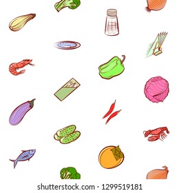 Seafood, Table setting and Vegetables set. Background for printing, design, web. Usable as icons. Seamless. Colored.