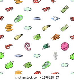 Seafood, Table setting and Vegetables set. Background for printing, design, web. Usable as icons. Seamless. Colored.