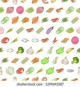 Seafood, Table setting and Vegetables set. Background for printing, design, web. Usable as icons. Seamless. Colored.