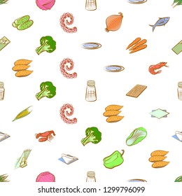 Seafood, Table setting and Vegetables set. Background for printing, design, web. Usable as icons. Seamless. Colored.