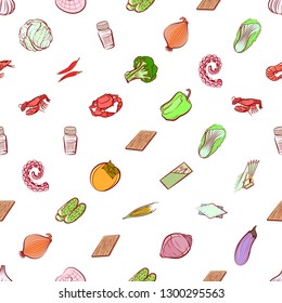 Seafood, Table setting and Vegetables set. Background for printing, design, web. Usable as icons. Seamless. Colored.