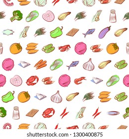 Seafood, Table setting and Vegetables set. Background for printing, design, web. Usable as icons. Seamless. Colored.