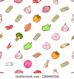 Seafood, Table setting and Vegetables set. Background for printing, design, web. Usable as icons. Seamless. Colored.