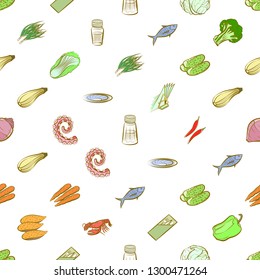 Seafood, Table setting and Vegetables set. Background for printing, design, web. Usable as icons. Seamless. Colored.