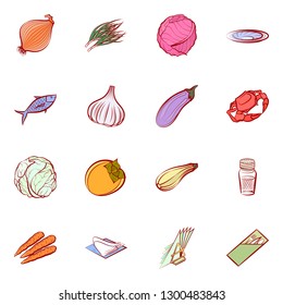 Seafood, Table setting and Vegetables set. Background for printing, design, web. Usable as icons. Colored.
