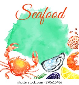 Seafood. Template for card, menu, banner. Watercolor illustration. Prawns, crab, oyster, lemon, clove and mussels. Isolated elements for easy use.