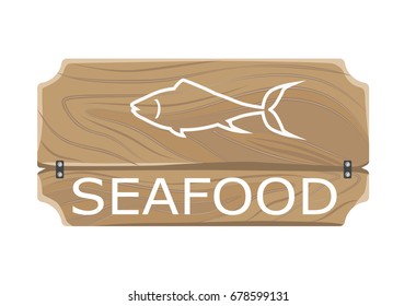 Seafood template poster with hand drawn fish sign on wooden cutting board with inscription below vector colorful illustration