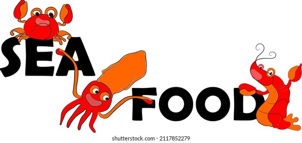 Logo de texto de mariscos con caricatura de personajes consiste en cangrejo, gambas y calamares de color rojo anaranjado