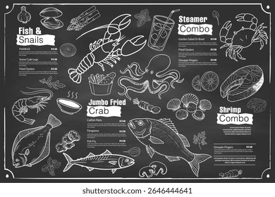 Seafood themed restaurant menu. Supported by crab, lemon, shrimp and calamari drawings.