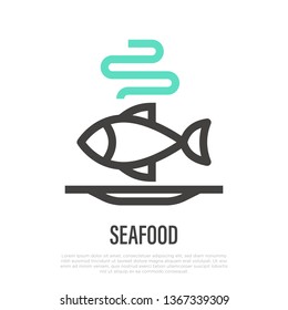 Seafood thin line icon: fish on plate. Modern vector illustration for logo. 