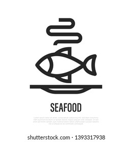 Seafood thin line icon: fish on plate. Modern vector illustration for logo. 