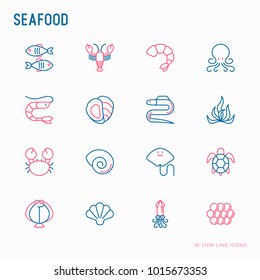 Seafood thin line icons set: lobster, fish, shrimp, octopus, oyster, eel, seaweed, crab, ramp, turtle. Modern vector illustration for restaurant menu.