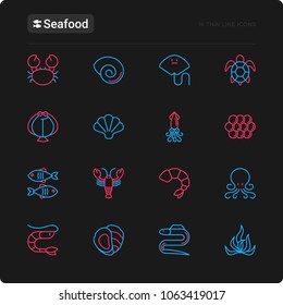 Seafood thin line icons set: lobster, fish, shrimp, octopus, oyster, eel, seaweed, crab, ramp, turtle. Modern vector illustration for black theme of restaurant menu.