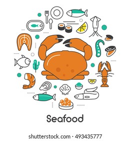 Seafood Thin Line Vector Icons Set with Fish, Shrimp and Crab