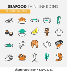 Seafood Thin Line Vector Icons Set with Fish, Shrimp and Crab