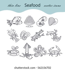 Seafood thin line vector icons set. Symbols of various delicacies - oyster, cancer, molluscs, mussels, eel, caviar, anchovies, octopus and dorado.