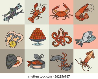 Seafood thin line vector icons set. Symbols of various delicacies - oyster, cancer, molluscs, mussels, eel, caviar, anchovies, octopus and dorado.