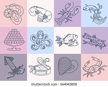 Seafood thin line vector icons set. Symbols of various delicacies - oyster, cancer, molluscs, mussels, eel, caviar, anchovies, octopus and dorado