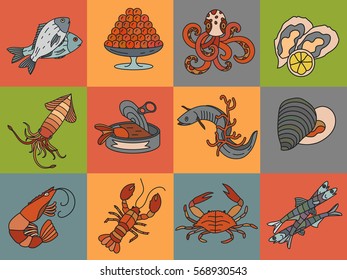 Seafood thin line vector icons set. Symbols of various delicacies - oyster, cancer, molluscs, mussels, eel, caviar, anchovies, octopus and dorado