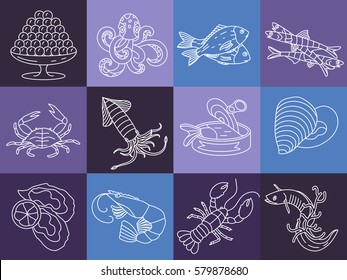 Seafood thin line vector icons set. Symbols of various delicacies - oyster, cancer, molluscs, mussels, eel, caviar, anchovies, octopus and dorado.