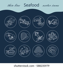 Seafood thin line vector icons set. Symbols of various delicacies - oyster, cancer, molluscs, mussels, eel, caviar, anchovies, octopus and dorado