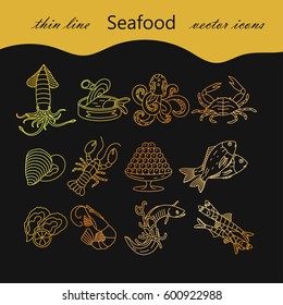 Seafood thin line vector icons set. Symbols of various delicacies - oyster, cancer, molluscs, mussels, eel, caviar, anchovies, octopus and dorado.