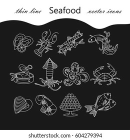 Seafood thin line vector icons set. Symbols of various delicacies - oyster, cancer, molluscs, mussels, eel, caviar, anchovies, octopus and dorado.