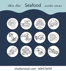 Seafood thin line vector icons set. Symbols of various delicacies - oyster, cancer, molluscs, mussels, eel, caviar, anchovies, octopus and dorado.