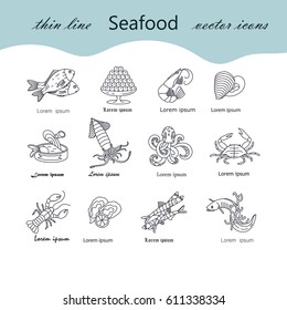 Seafood thin line vector icons set. Symbols of various delicacies - oyster, cancer, molluscs, mussels, eel, caviar, anchovies, octopus and dorado.